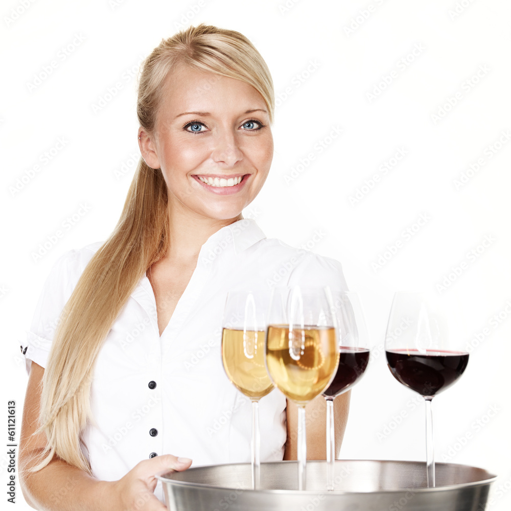 Pretty lady waitress with four glasses of wine Pretty lady waitress with four glasses of wine