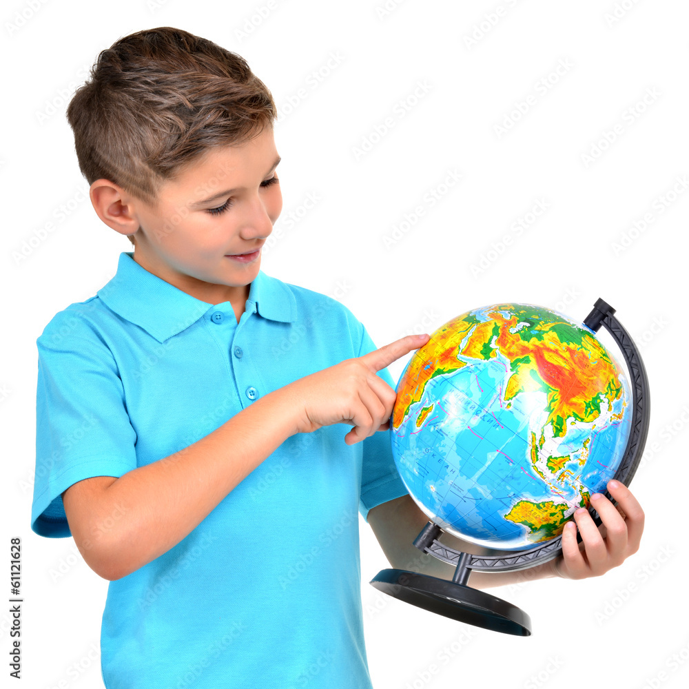 Smiling boy in casual holding globe Smiling boy in casual holding globe