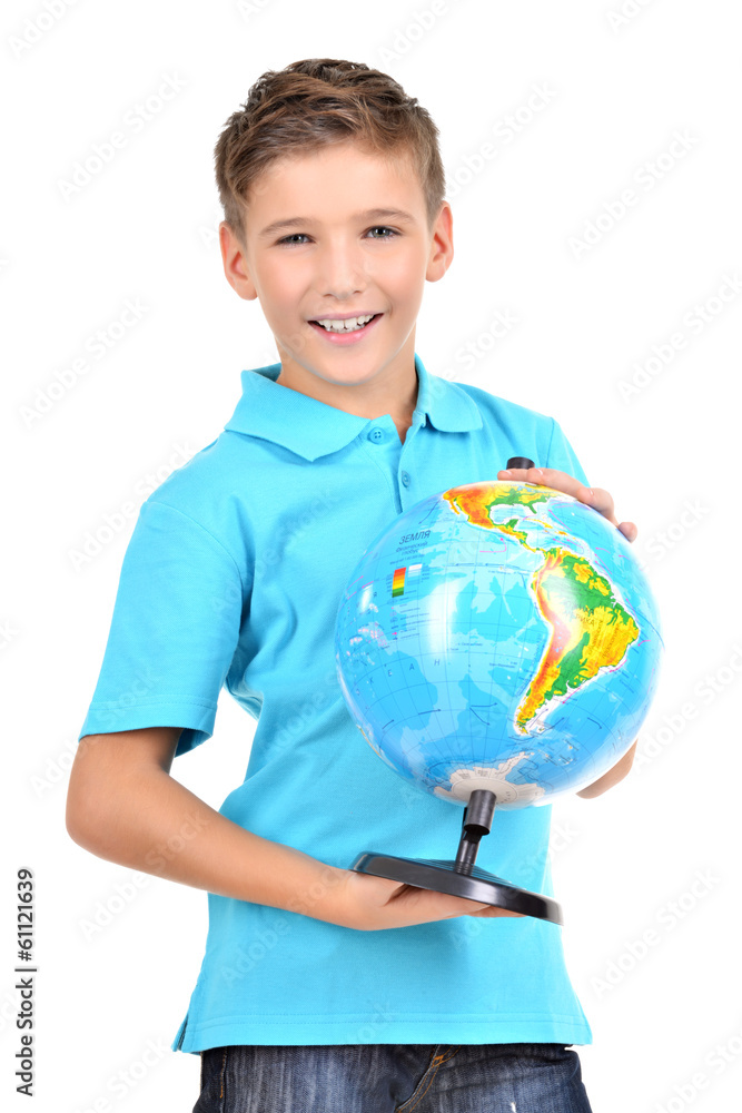 Smiling boy in casual holding globe in hands Smiling boy in casual holding globe in hands