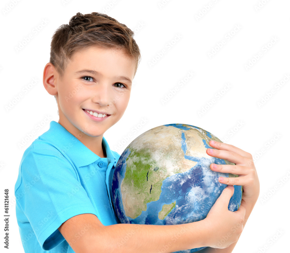 Smiling boy in casual holding planet earth in hands Smiling boy in casual holding planet earth in hands