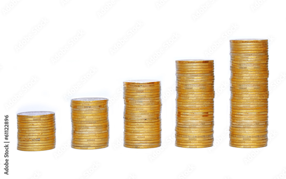 Many coins in column isolated on white Many coins in column isolated on white