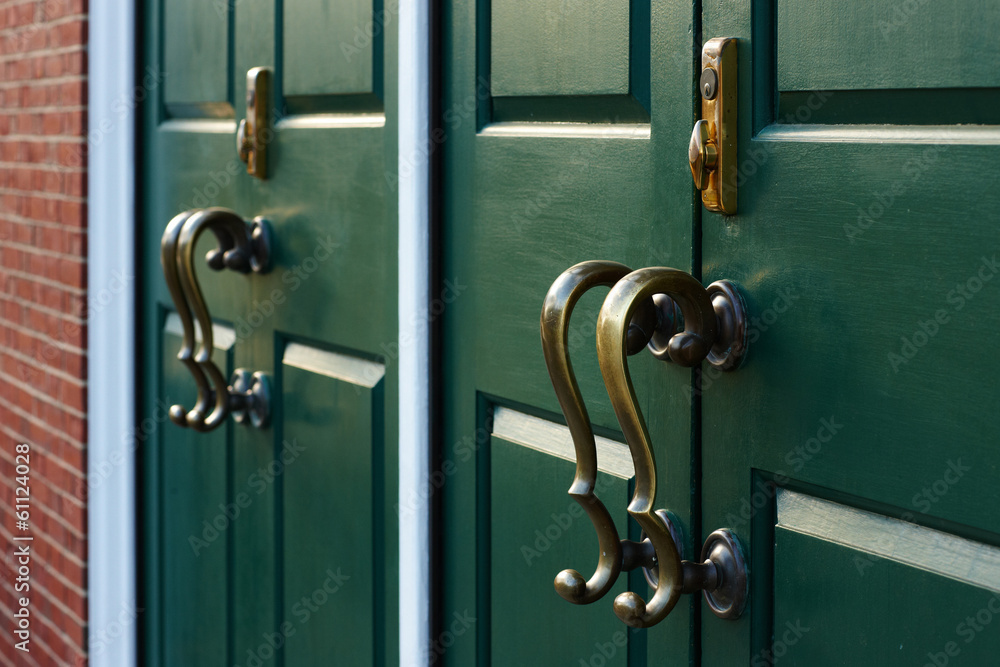 Bronze handles cast shadows on the green door Bronze handles cast shadows on the green door