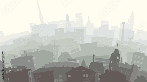 Childish illustration of big city in sunset.