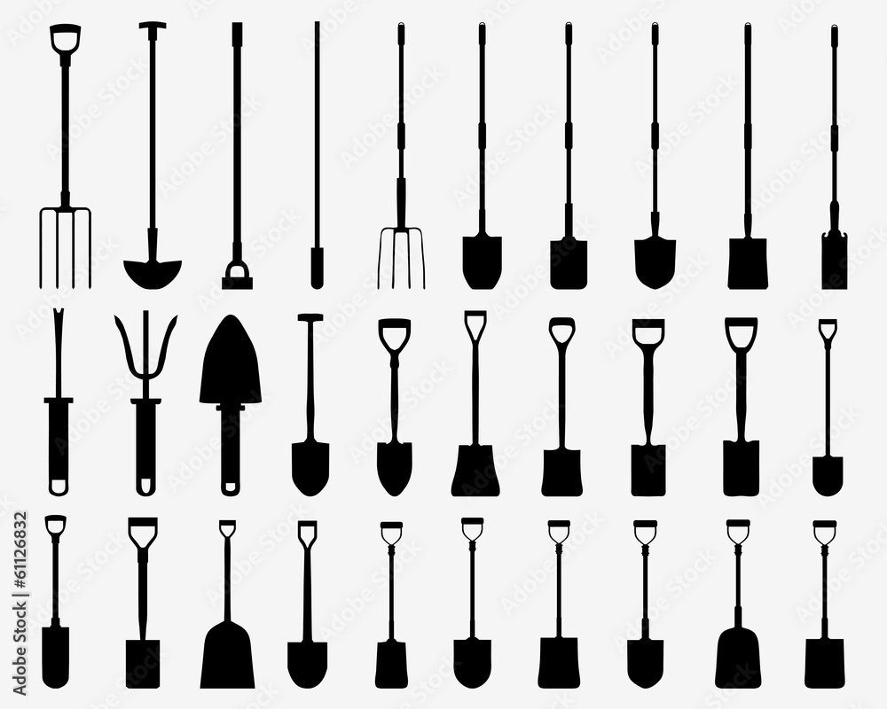 Naklejka premium Black silhouettes of shovels, spades and villas