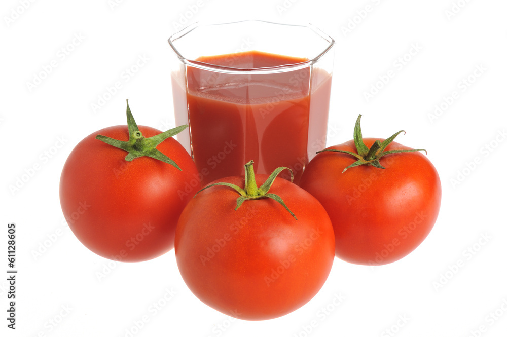 Three tomatoes and a glass filled with tomato juice isolated on Three tomatoes and a glass filled with tomato juice isolated on
