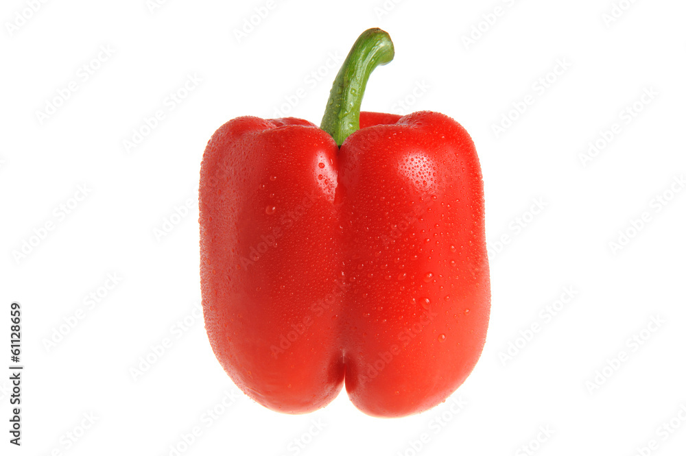 Red pepper with stem covered by water drops isolated on white