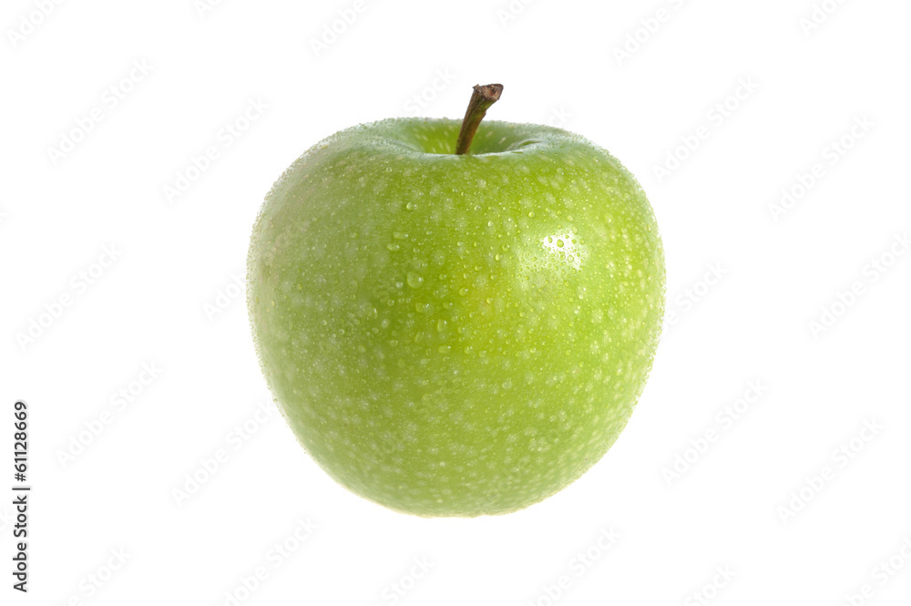 One green apple covered by water drops isolated on white backgro One green apple covered by water drops isolated on white backgro