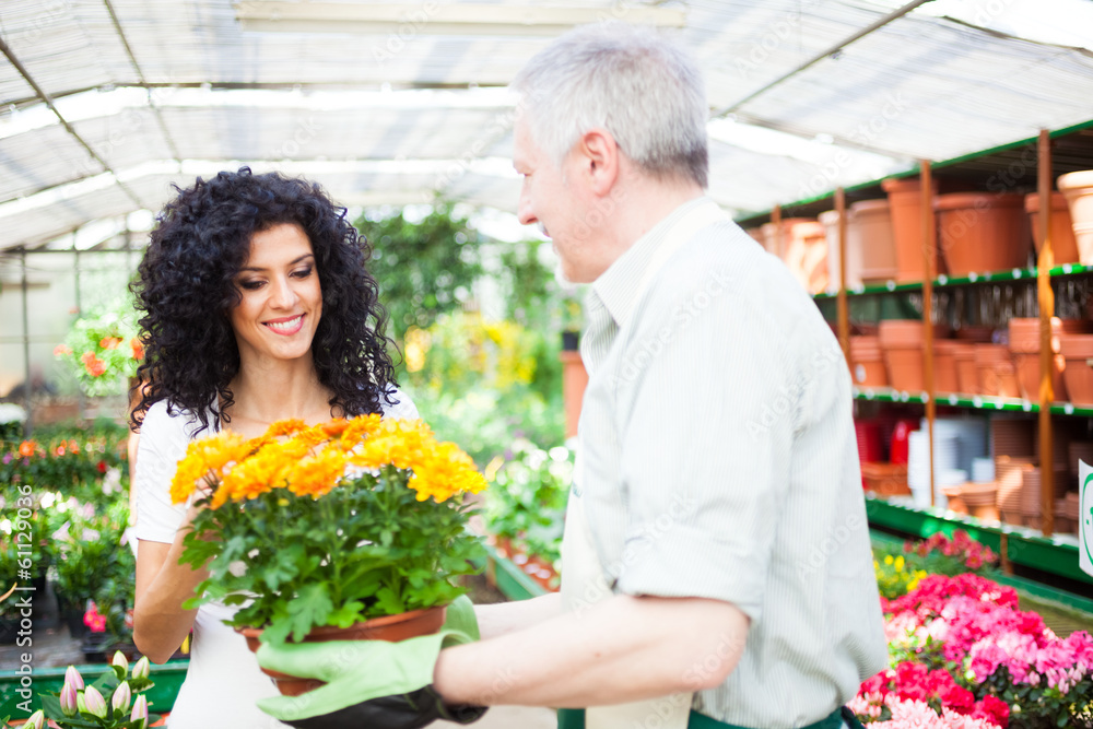 Shop assistant giving a flower pot to a customer