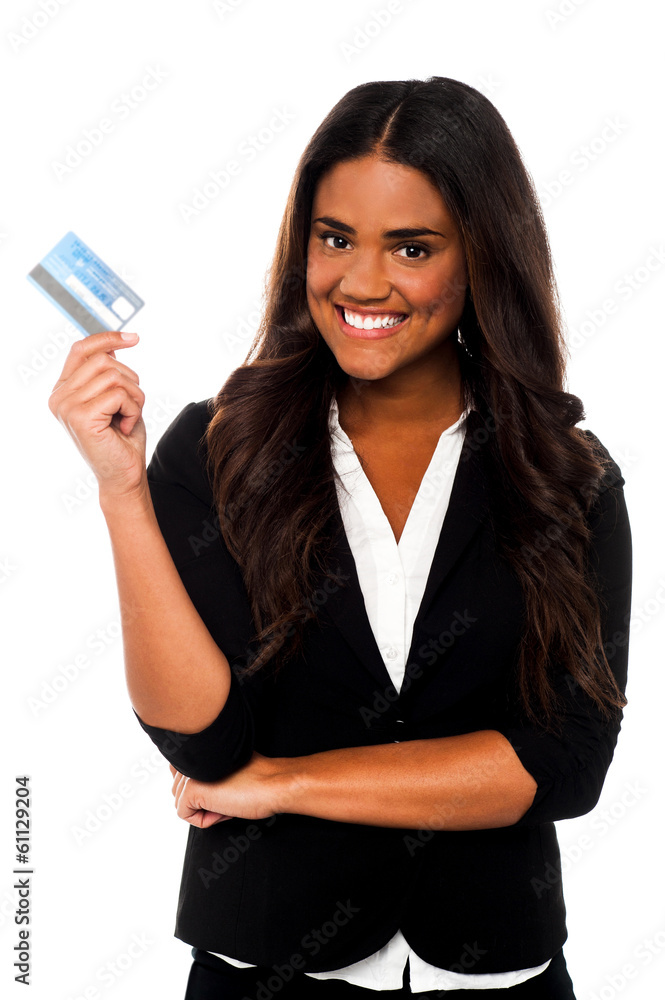 Attractive corporate lady displaying credit card Attractive corporate lady displaying credit card