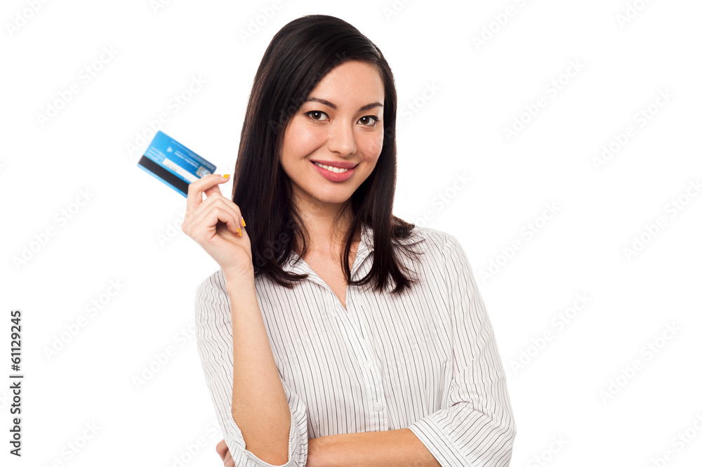 Business lady showing credit card to camera Business lady showing credit card to camera