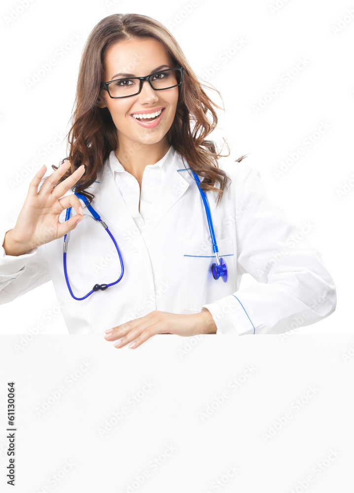 Doctor showing blank signboard, isolated Doctor showing blank signboard, isolated