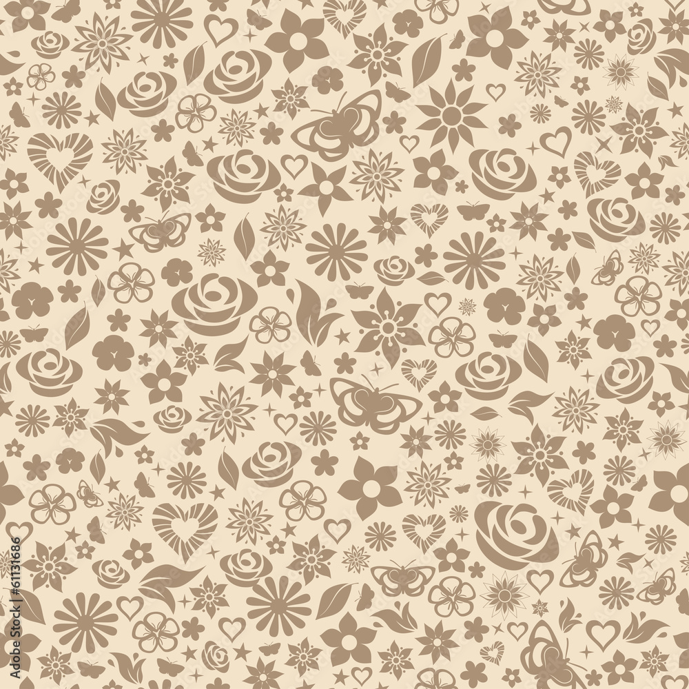 Seamless pattern of flowers, brown on beige Seamless pattern of flowers, brown on beige