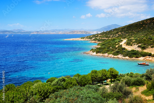 Turquoise water near beach on Turkish resort, Bodrum, Turkey