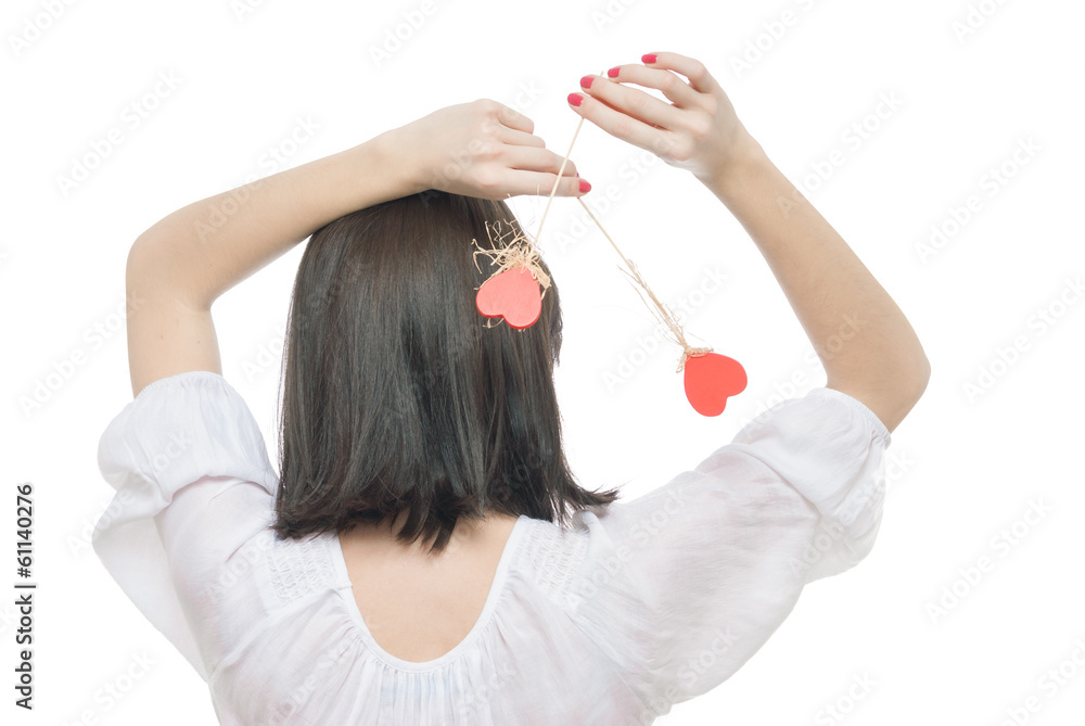 Fototapeta premium Beautifull woman holding hearts smiling