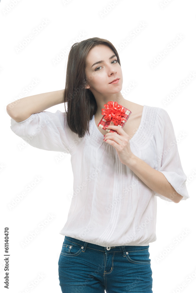 Young woman portrait hold gift Young woman portrait hold gift