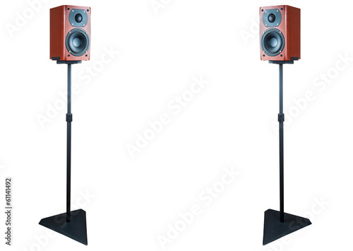 Pair of dark cherry loudspeaker on stands photo