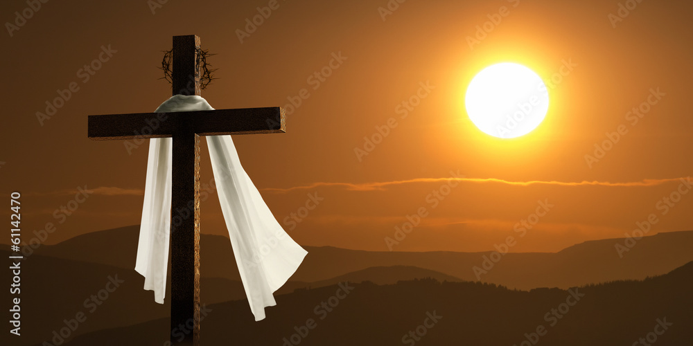 Dramatic Lighting Of Mountain Sunrise With Easter Cross - obrazy, fototapety, plakaty 
