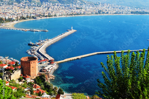 Fototapeta Naklejka Na Ścianę i Meble -  View of Alanya harbor from Alanya peninsula. Turkish Riviera