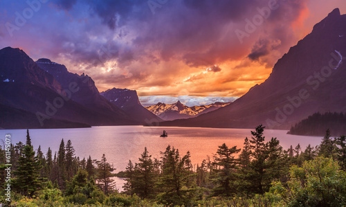 Beautiful sunset at St. Mary Lake in Glacier national park photo
