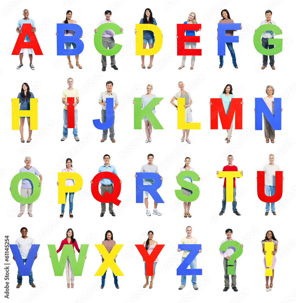 Multi-ethnic group of people holding alphabet Multi-ethnic group of people holding alphabet