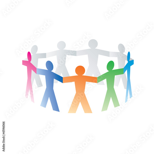 circle of colorful paper people on white background