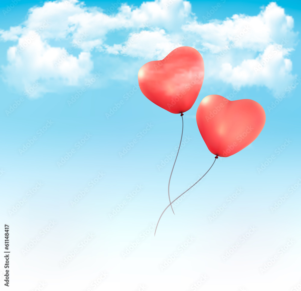 Valentine heart-shaped baloons in a blue sky with clouds. Vector
