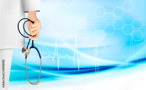Medical background with hand holding a stethoscope. Vector.