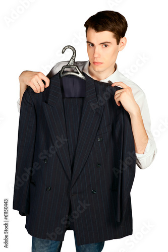 young man with suit on hanger isolated on white background