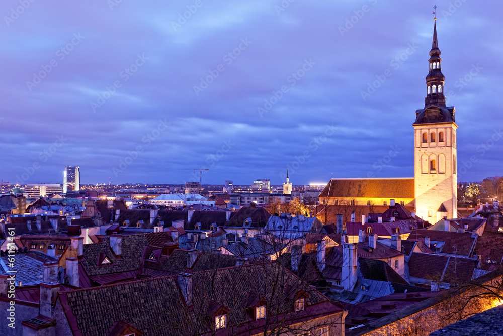 View of Tallinn with evening illumination in winter