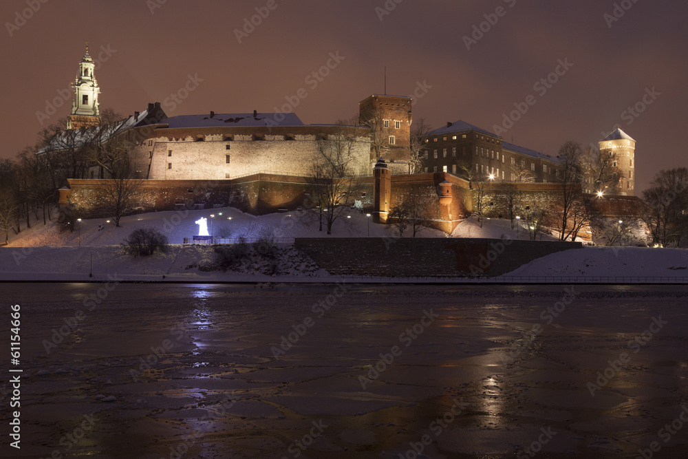 Poland, Krakow, Snow Covered Wawel Royal Castle Lit-up