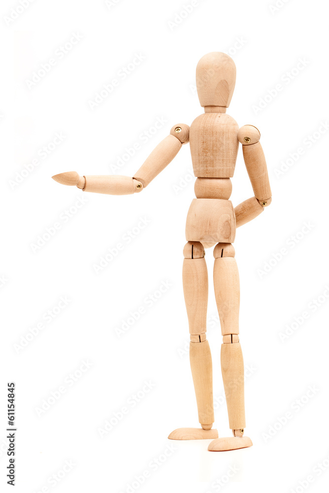 Wooden dummy proudly presents thing, isolated Wooden dummy proudly presents thing, isolated