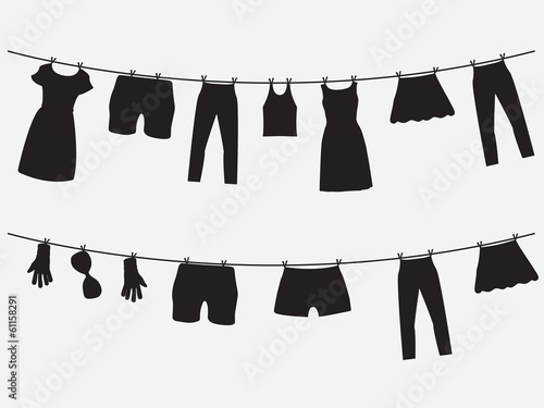 Clothes hanging on the strings illustrated on white