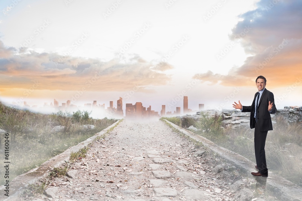 Composite image of stressed businessman gesturing Composite image of stressed businessman gesturing