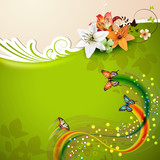 Green background with lilies and butterflies