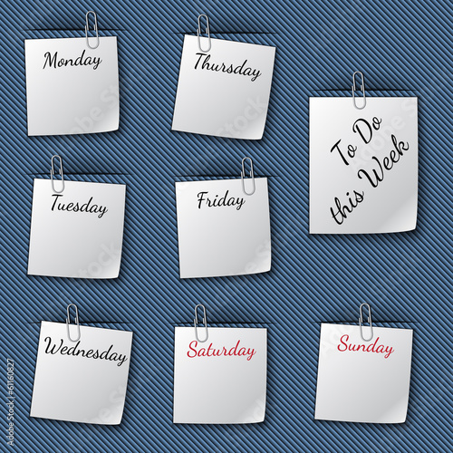 Vector illustration of the week notes clipped to the blue cloth