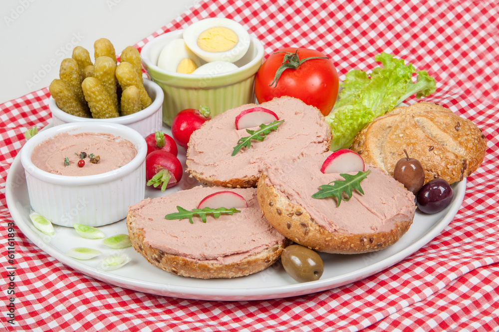 plate with slices of bread with home made pate with vegetables plate with slices of bread with home made pate with vegetables