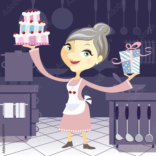 Happy Grandmother in the Kitchen with a Birthday Cake and a Pres