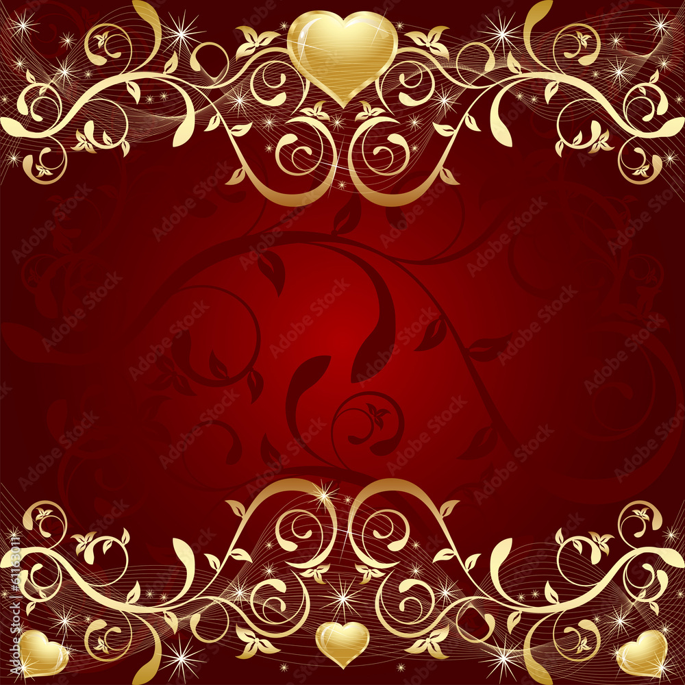 Red Background with golden leaf, hearts and stars Red Background with golden leaf, hearts and stars