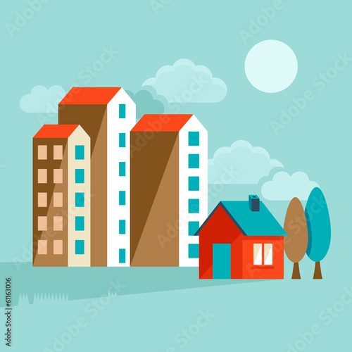 Vector flat illustration - landcsape with  houses