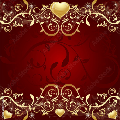 Red Background with golden leaf, hearts and stars