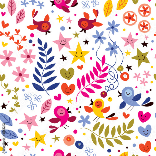 birds, flowers, stars and hearts pattern