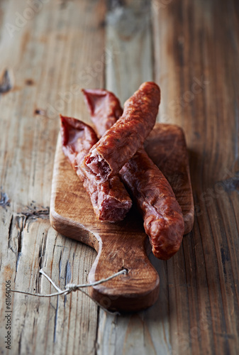 Dried Sausage on a Wooden Chopping Board (Polish Cuisine)