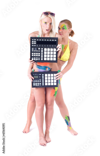 Sexy body painting of girls bikinis with music equipment
