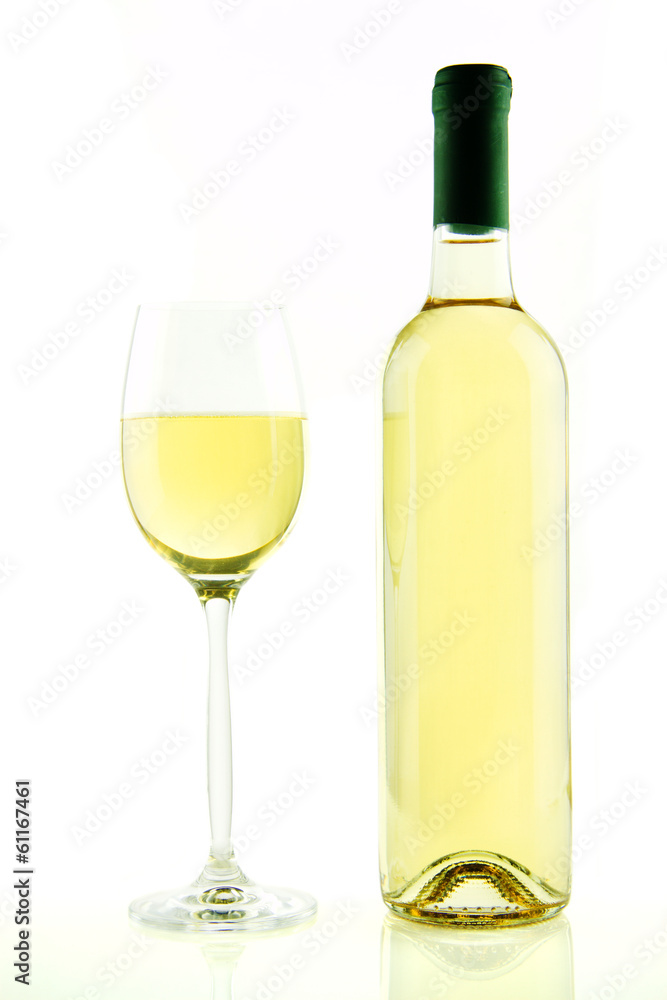Bottle and glass of white wine isolated