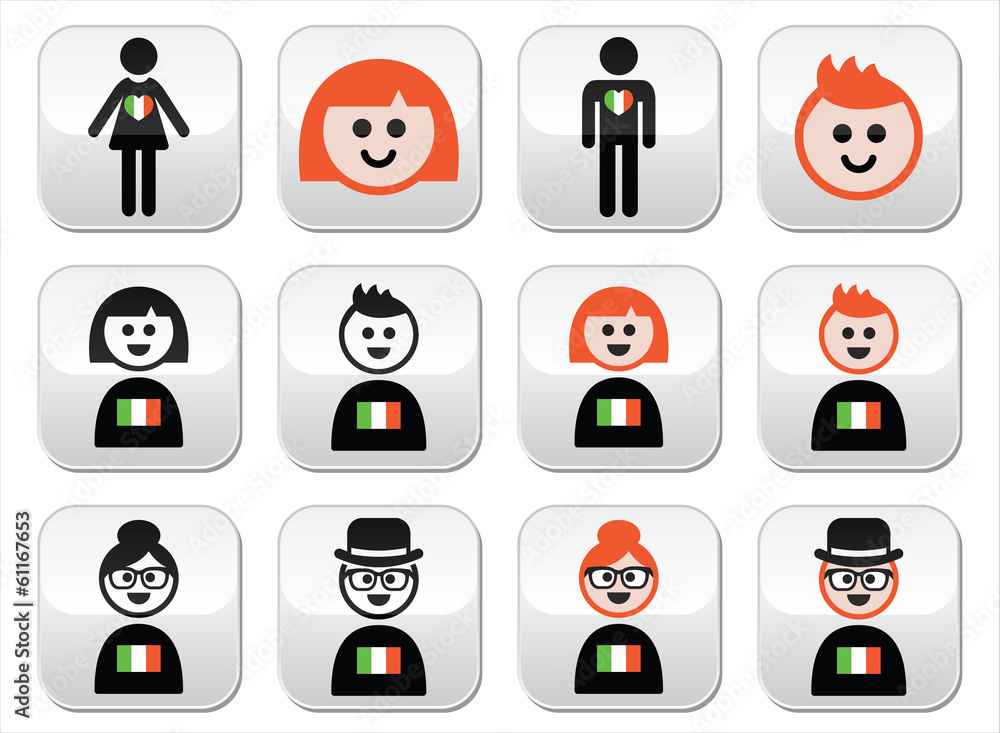 St Patricks Day, Irish people with flags and ginger hair buttons St Patricks Day, Irish people with flags and ginger hair buttons