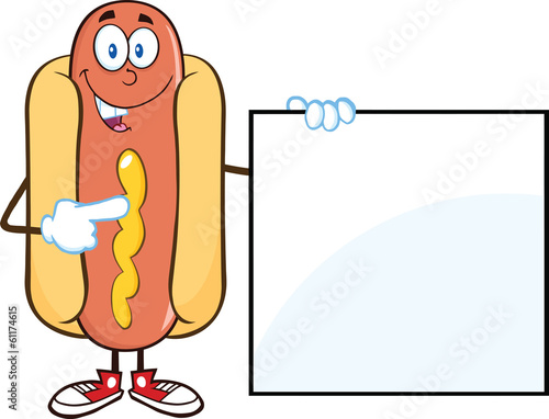 Happy Hot Dog  Cartoon Mascot Character Standing With A Sign