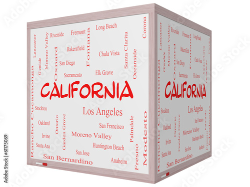 California State Word Cloud Concept on a 3D cube Whiteboard