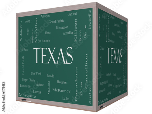 Texas State Word Cloud Concept on a 3D cube Blackboard photo