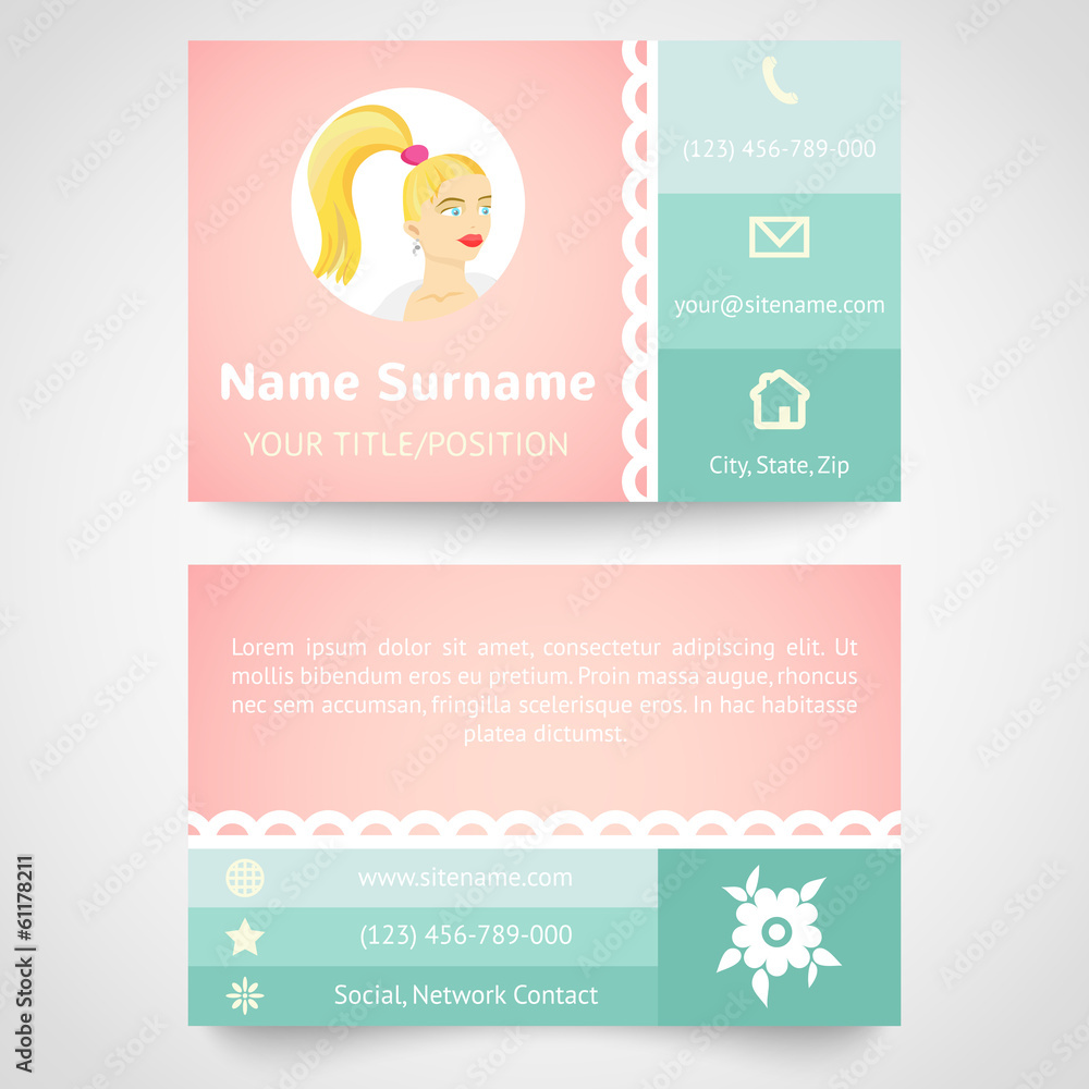 Retro business card (set template) with flat user interface