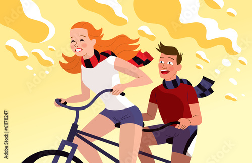 couple riding tandem bicycle
